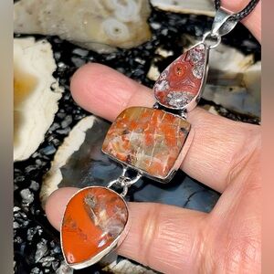 Convoluted Red Jasper & Crazy Lace Agate Crystal Pendant 3 1/2”